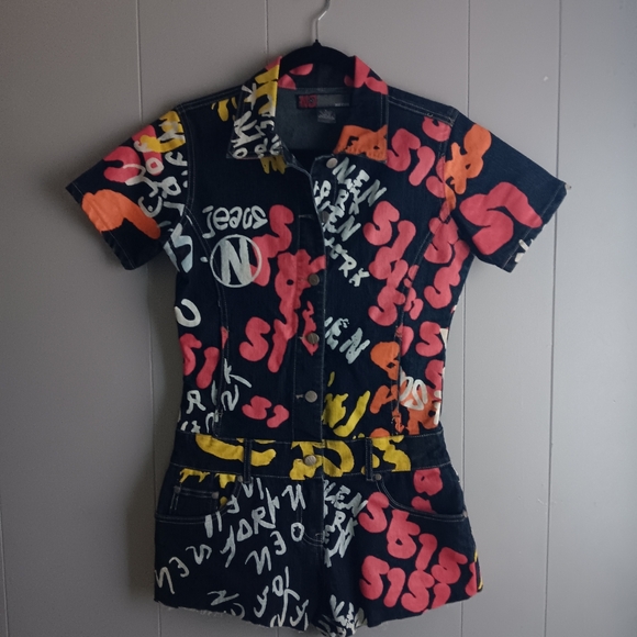 Colorful Graphic Denim Romper Size 9 - Picture 1 of 5